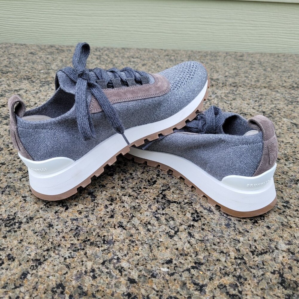 Brunello Cucinelli Monili Metallic Knit Lace-Up Sneaker In Grey